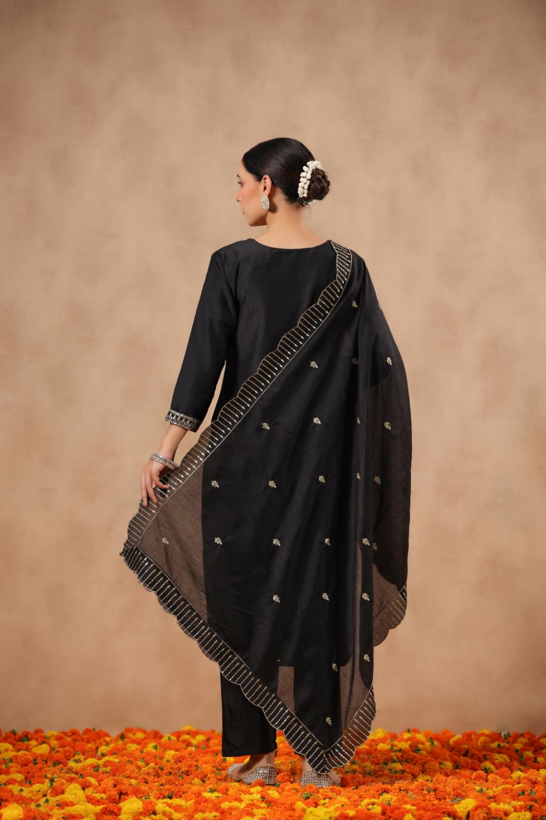 ishin Women's Poly Silk Ethnic Motifs Zari Black Straight Kurta Suit Set with Trousers and Dupatta