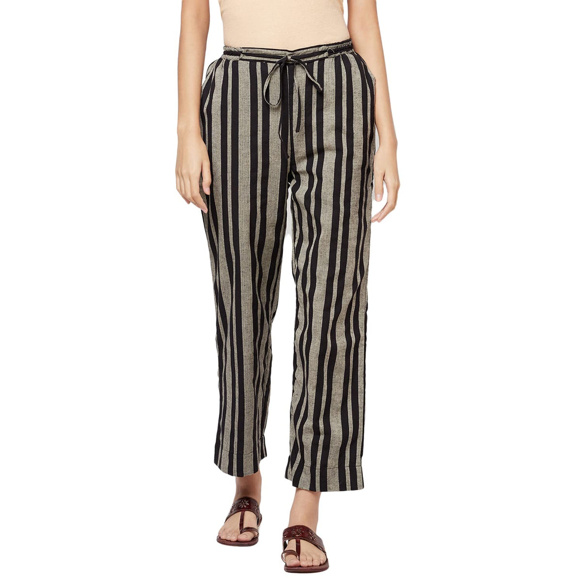 Fabindia Women Nagari Striped Casual Pants Cotton_L Black