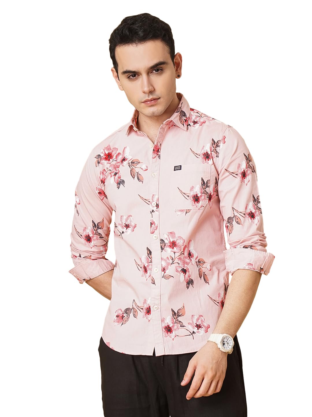 The Indian Garage Co Men Pink Floral Slim Fit Cotton Casual Shirt