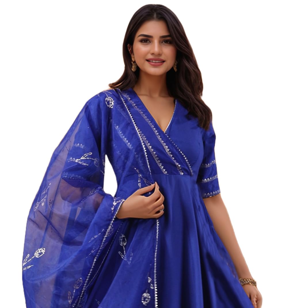 ANNI DESIGNER Anarkali Women s Plain Viscose Kurta with Trousers and Dupatta, Blue, 44