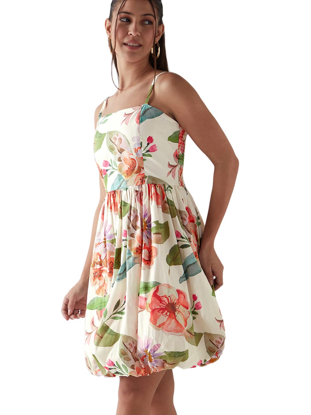 Bewakoof WomenS All Over Print Regular Fit Sleeveless Square Neck Cotton-Poplin Dress_645122_White_2Xl
