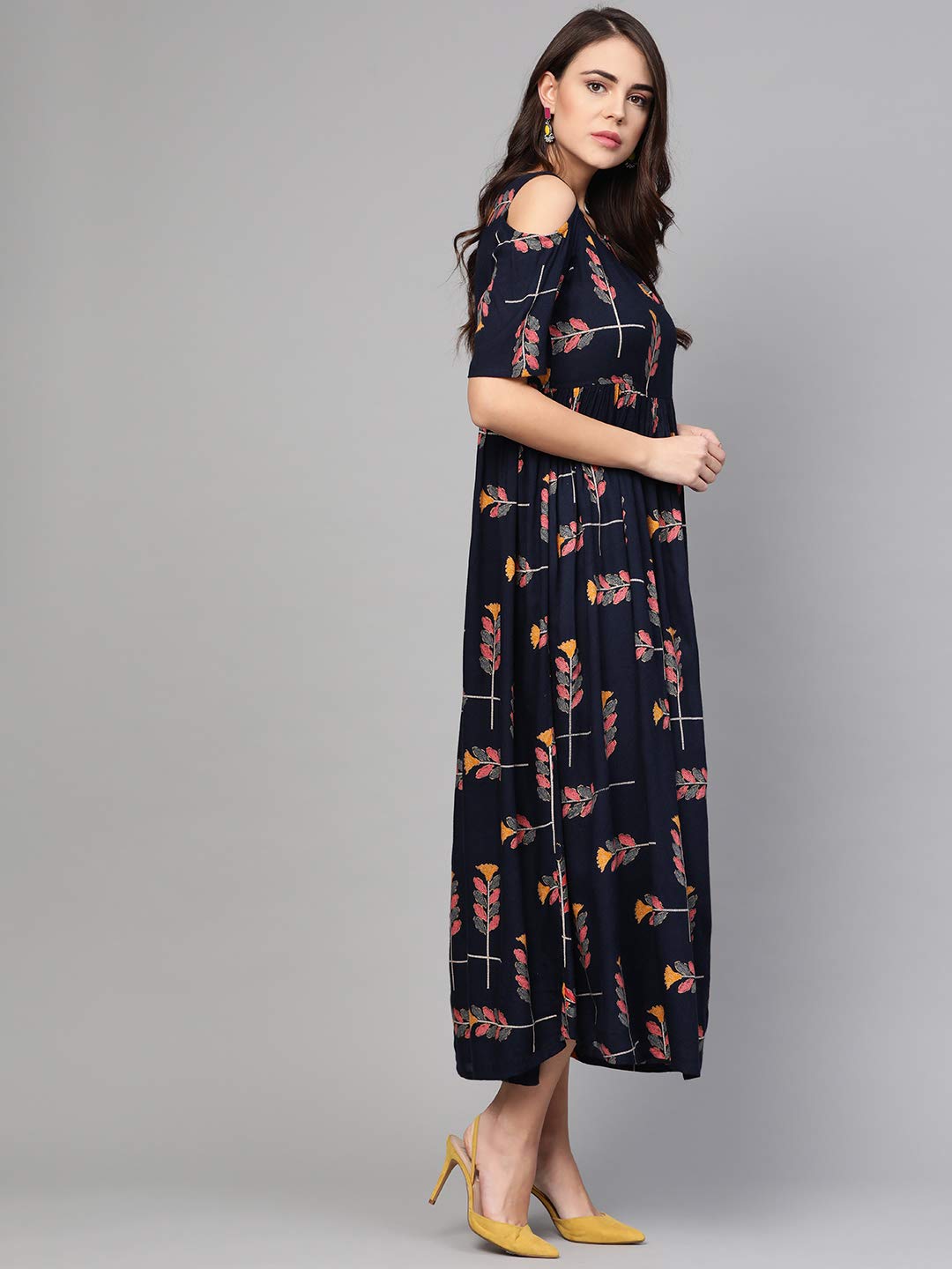 Idalia Navy Blue Printed Cold Shoulder Dress