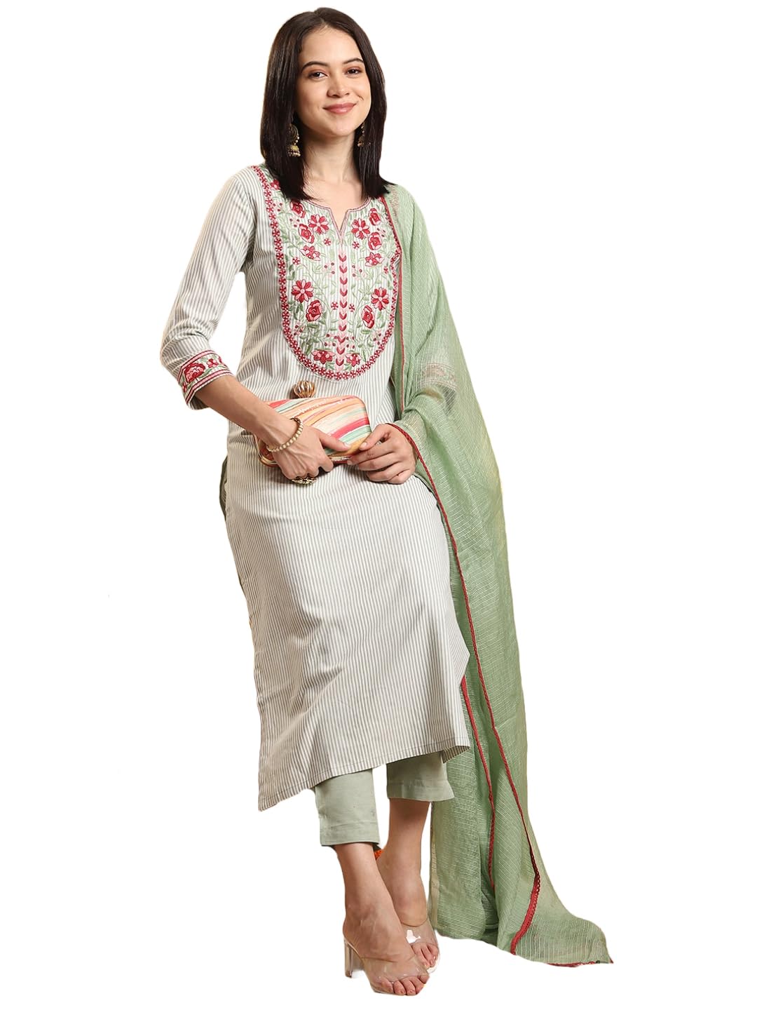 Gosriki WomenS Rayon Blend Embroidered Straight Kurta With Pant & Dupatta (Farigup-Green-Vks01-Gs_L_Green_Large)