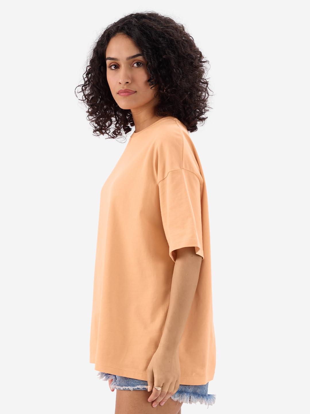 The Souled Store Solids: Fuzzy Peach Women and Girls Short Sleeves Round Neck Cotton Oversized T-Shirts