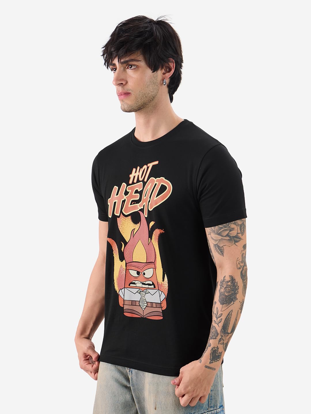 The Souled Official Store Inside Out: Hot Head Men and Boys Short Sleeves Round Neck Black Graphic Printed Regular Fit Cotton T-