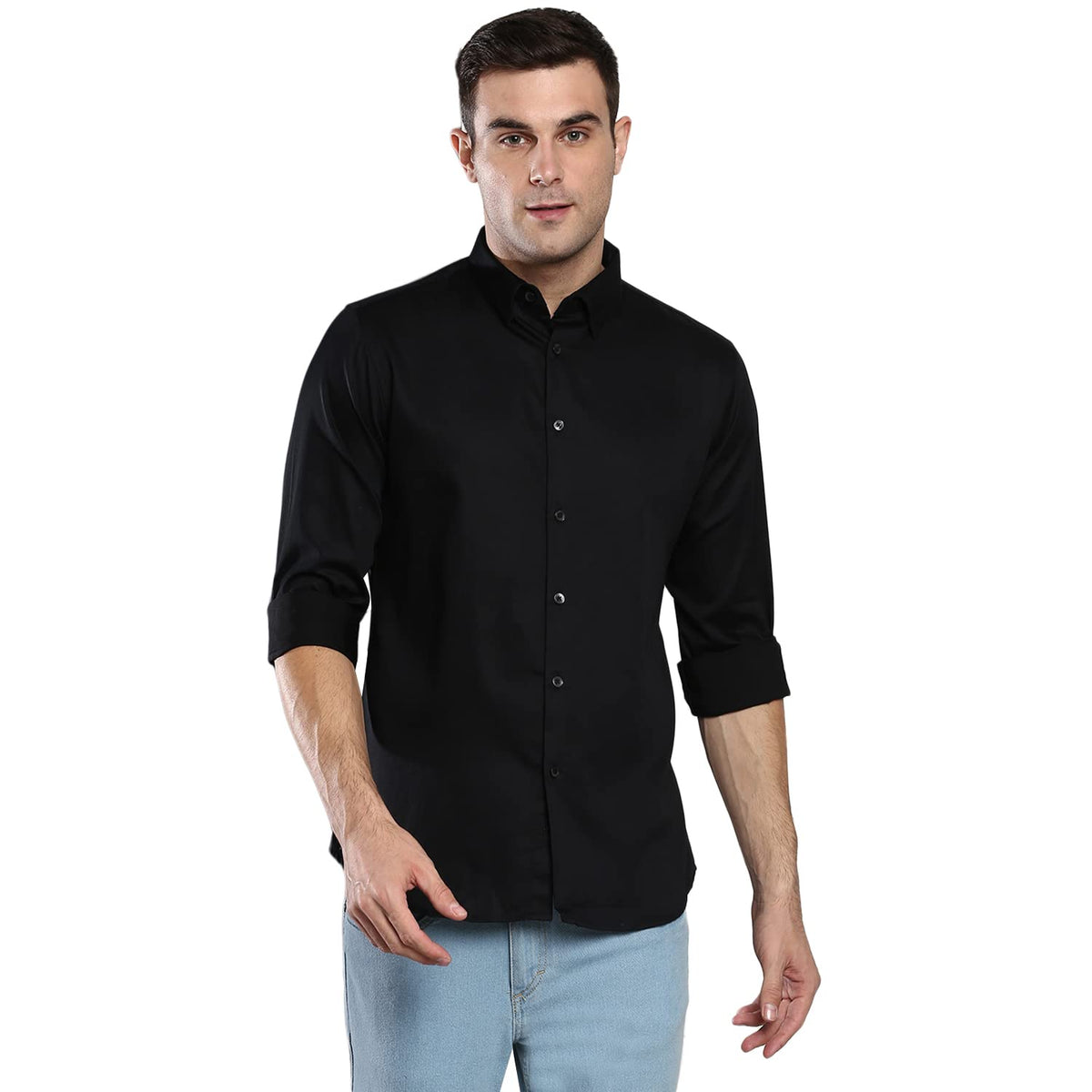 Dennis Lingo MenS Solid Black Slim Fit Satin Lycra Casual Shirt With Concealed Button Down & Full Sleeves