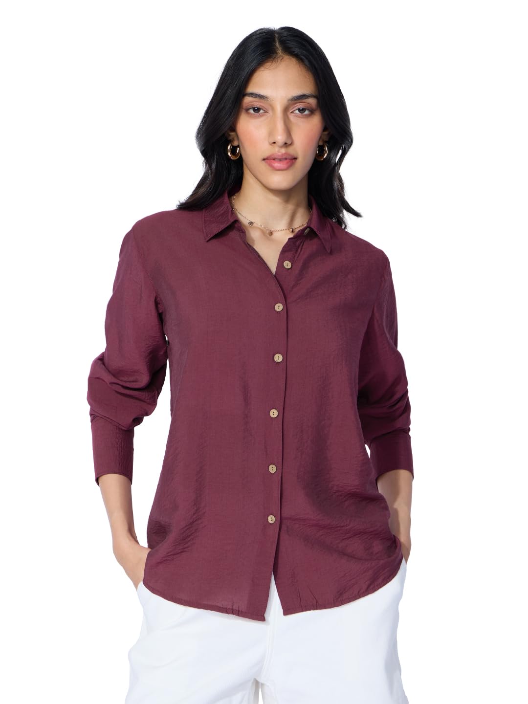 The Souled Store Back Tie Up Shirt: Claret Women and Girls Long Sleeves Collared Neck Button Front Solid Viscose Blend Oversized