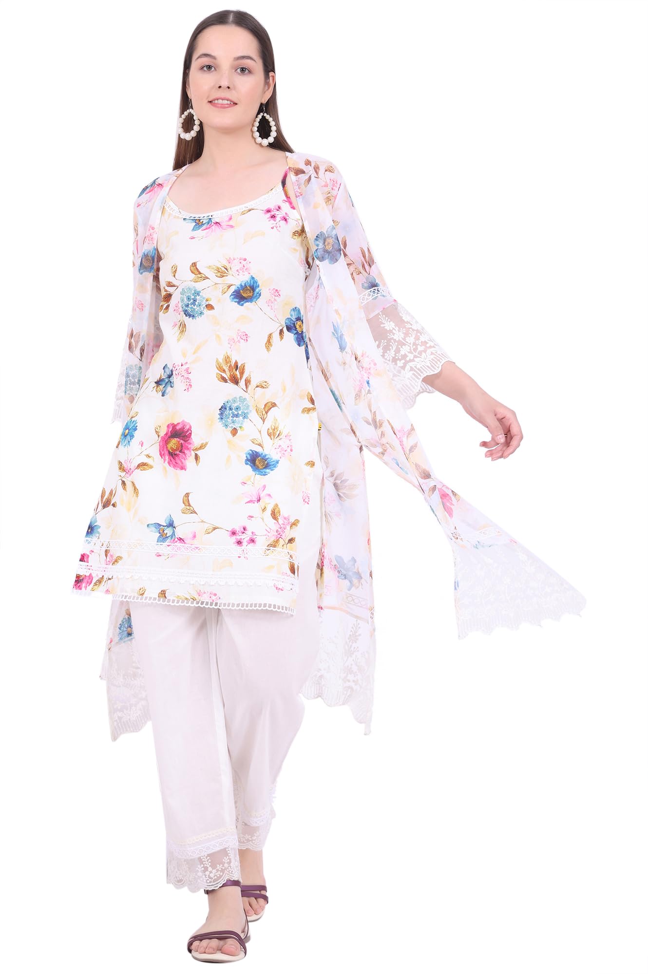 Aurelia Women's White Printed Gillet Straight Kurta with Palazzo & Dupatta Set (Size: XL)-AS15650-508777