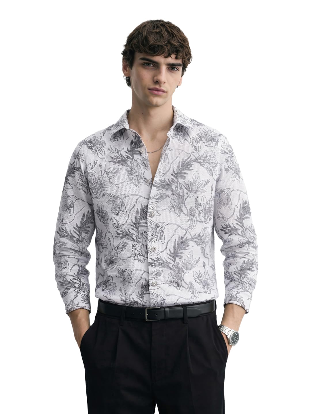 The Indian Garage Co Mens Slim Fit Floral Cutaway Collar Long Sleeves Party Streatchable Shirt
