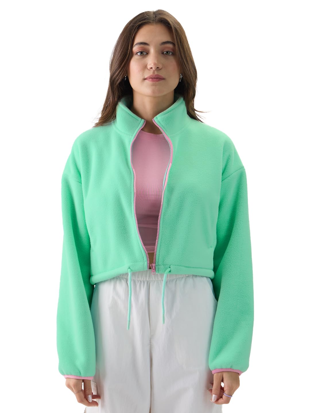 The Souled Store Muted Mauve Bandana Women and Girls Long Sleeve Zipper Front Oversized Fit Cropped Jackets Jackets Winter Coats
