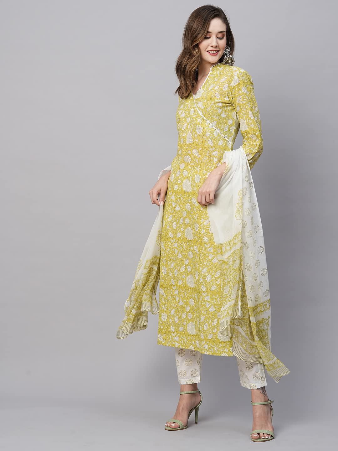 GoSriKi Women's Cotton Blend Straight Printed Kurta with Pant & Dupatta (Avni Green-GS)