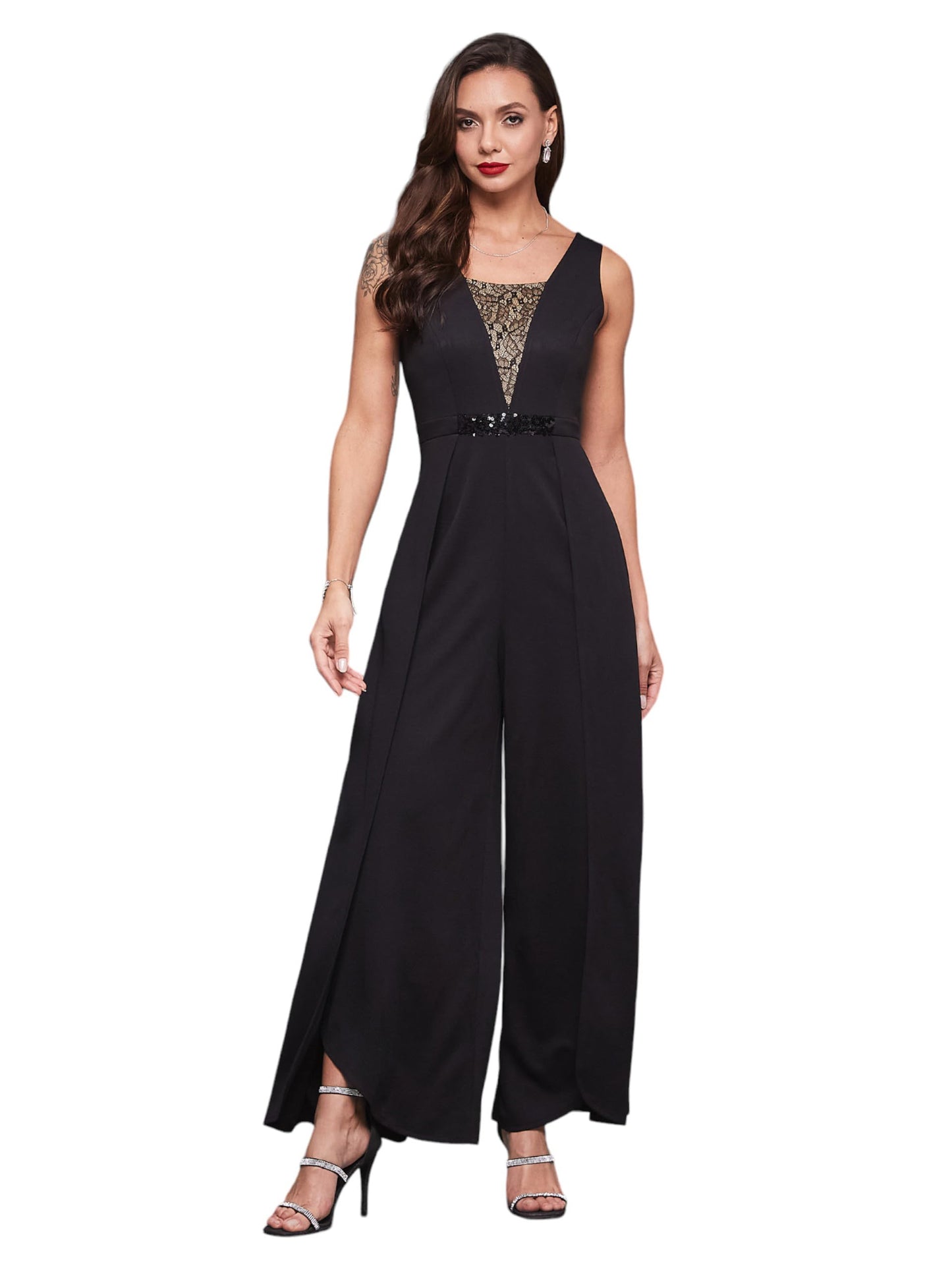 Miss Chase WomenS Square Neck Sleeveless Embellished Layered Jumpsuit With Pockets (Mcss24D19-32-62-06, Black, Xl)