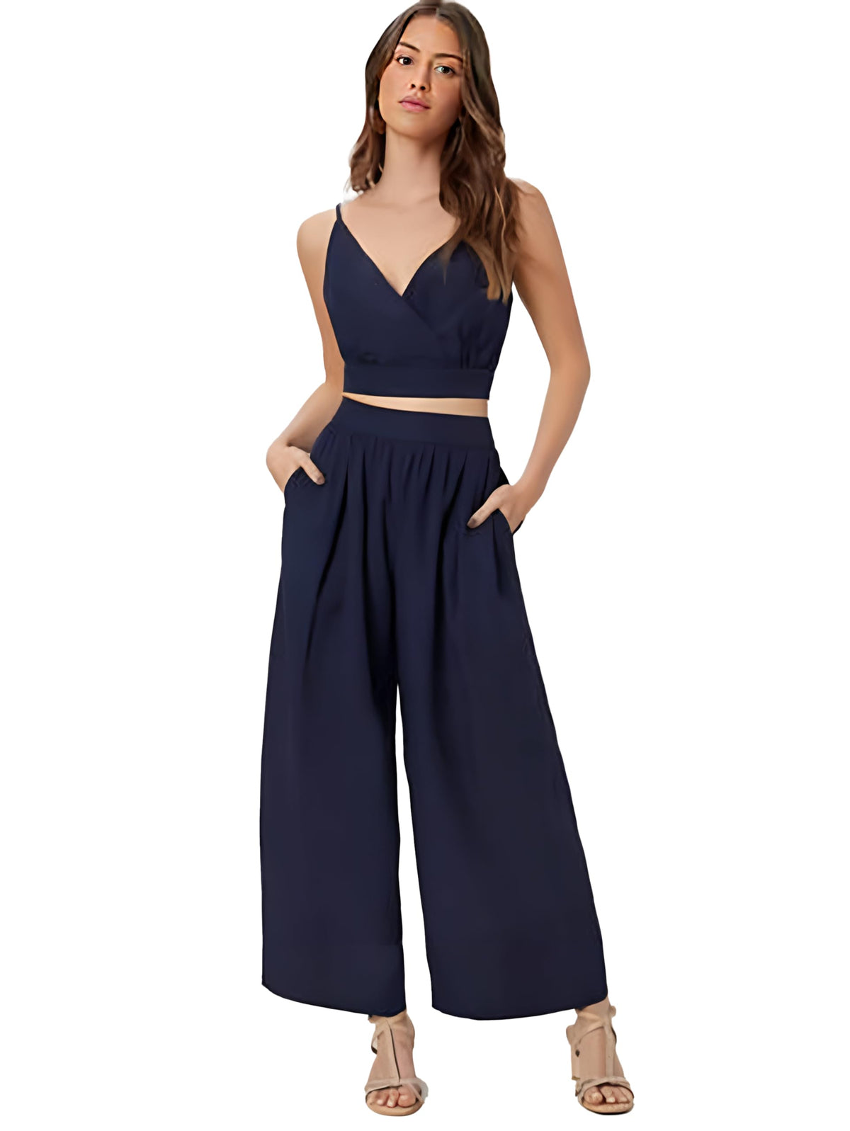 Kotty WomenS Solid Relaxed Fit Sleeveless Co-Ord Top And Trouser Set. Navy Blue