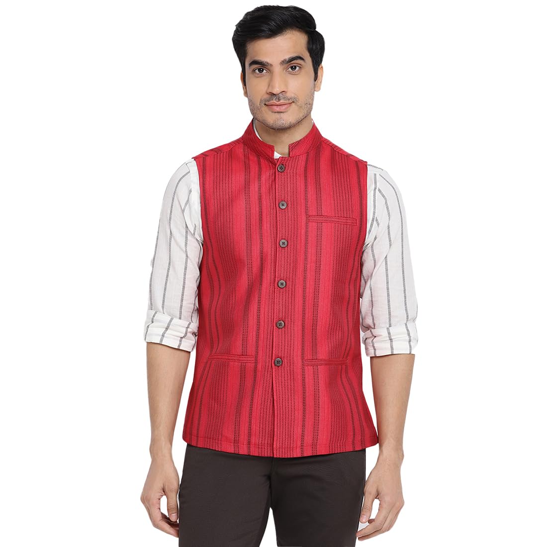 Fabindia Men Viscose Blend Dobby Nehru Jacket Red_L