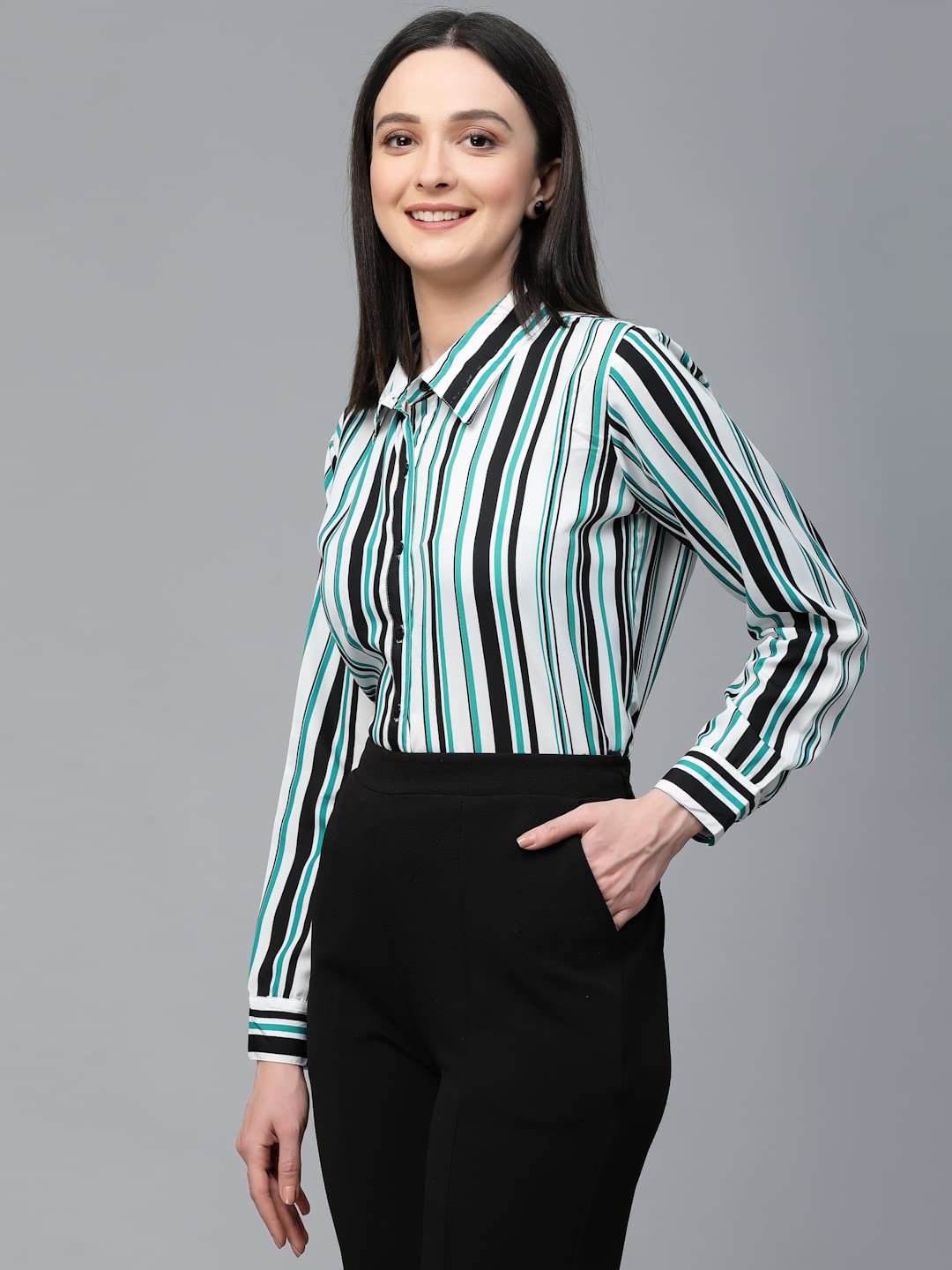 Style Quotient Women White and Green Stripe Polyester Regular Smart Casual Shirt
