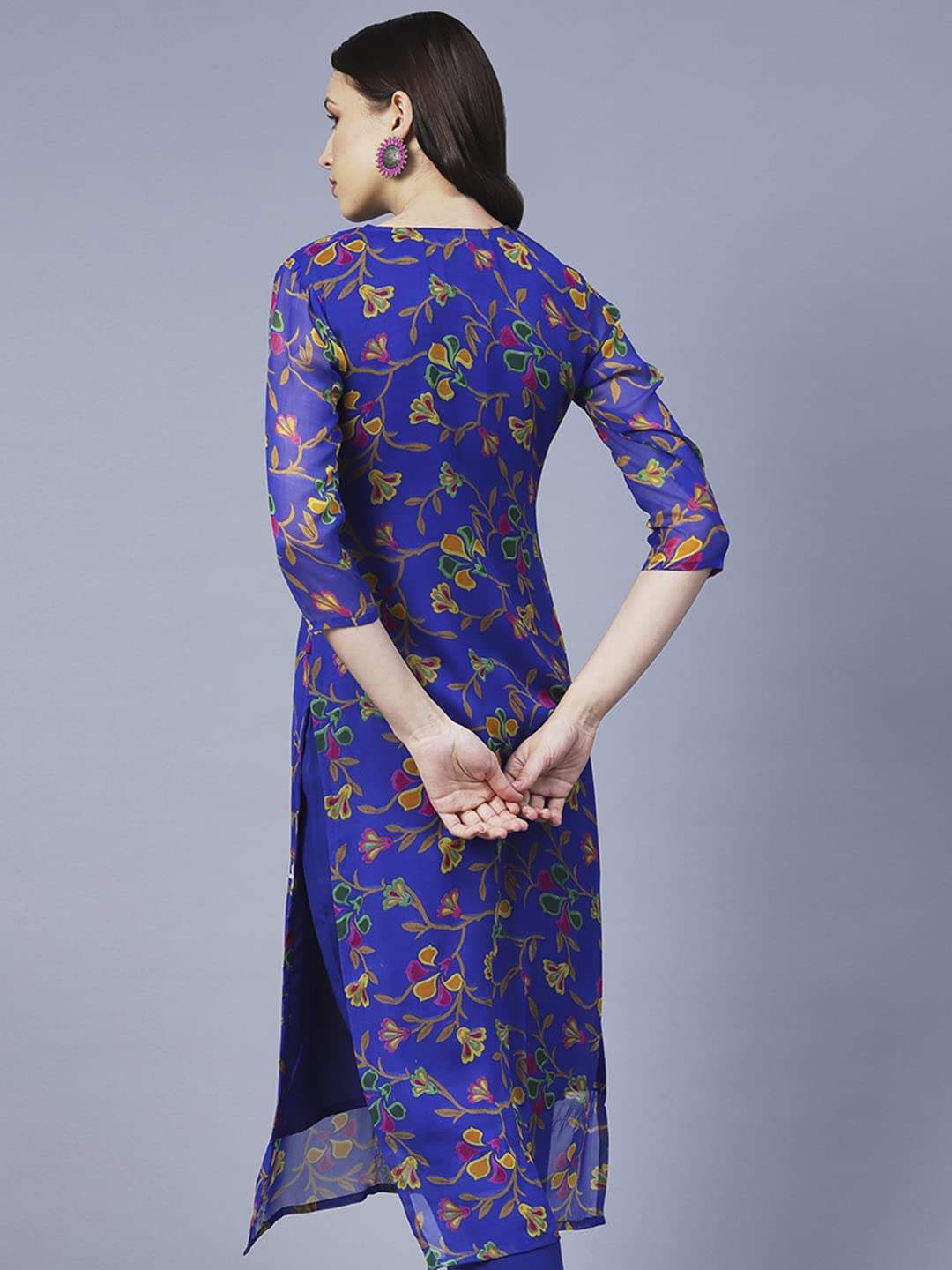 GoSriKi Women's Printed Georgette Chikankari Embroidered Kurti (Gori-Blue-Nw-GS)
