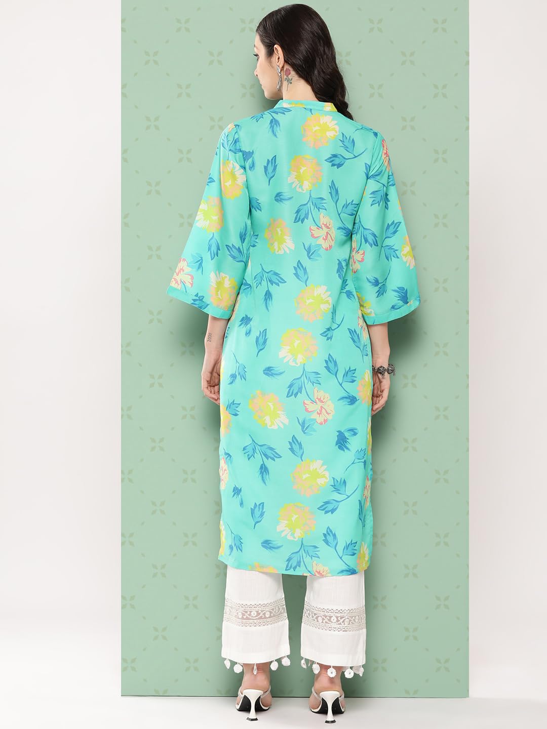 Varanga Women Turqouise Blue Floral Printed Straight Kurta Withthree Quarter Bell Sleeves
