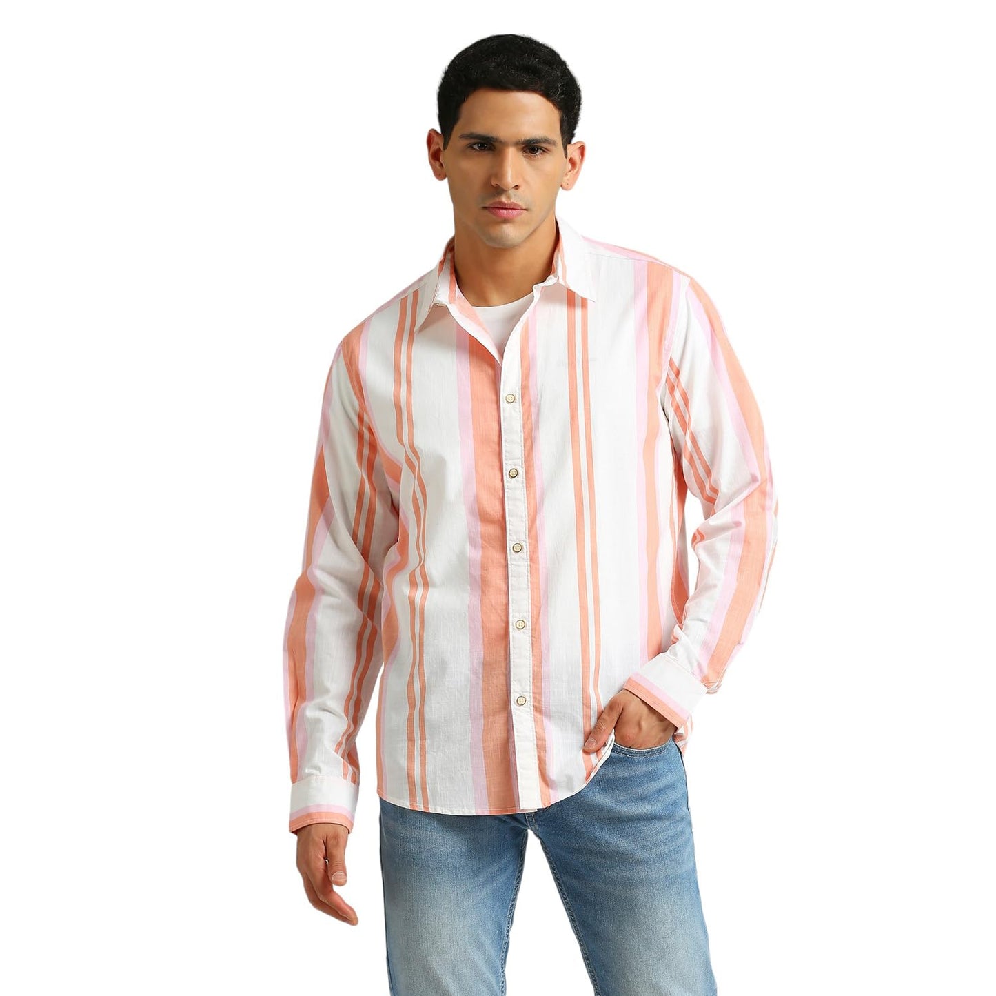 Pepe Jeans Cotton MenS Regular Fit Striped Shirts Peach Orange, Medium