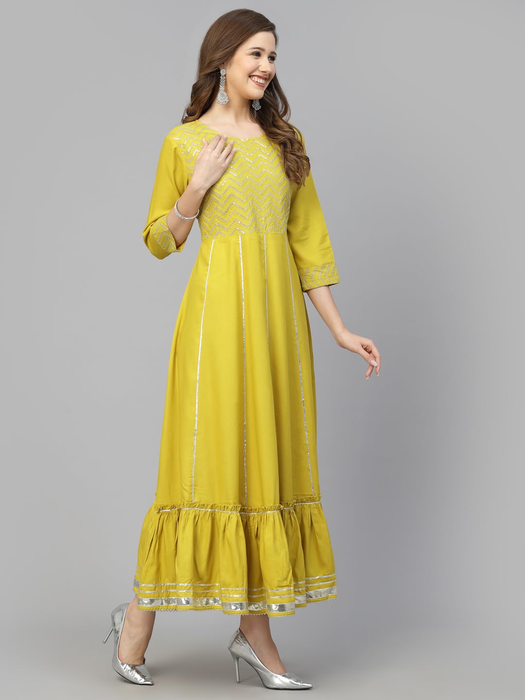 Stylum Women's Embroidered & Embellished Rayon Anarkali Kurta (SWEETCORN_Lime Green)