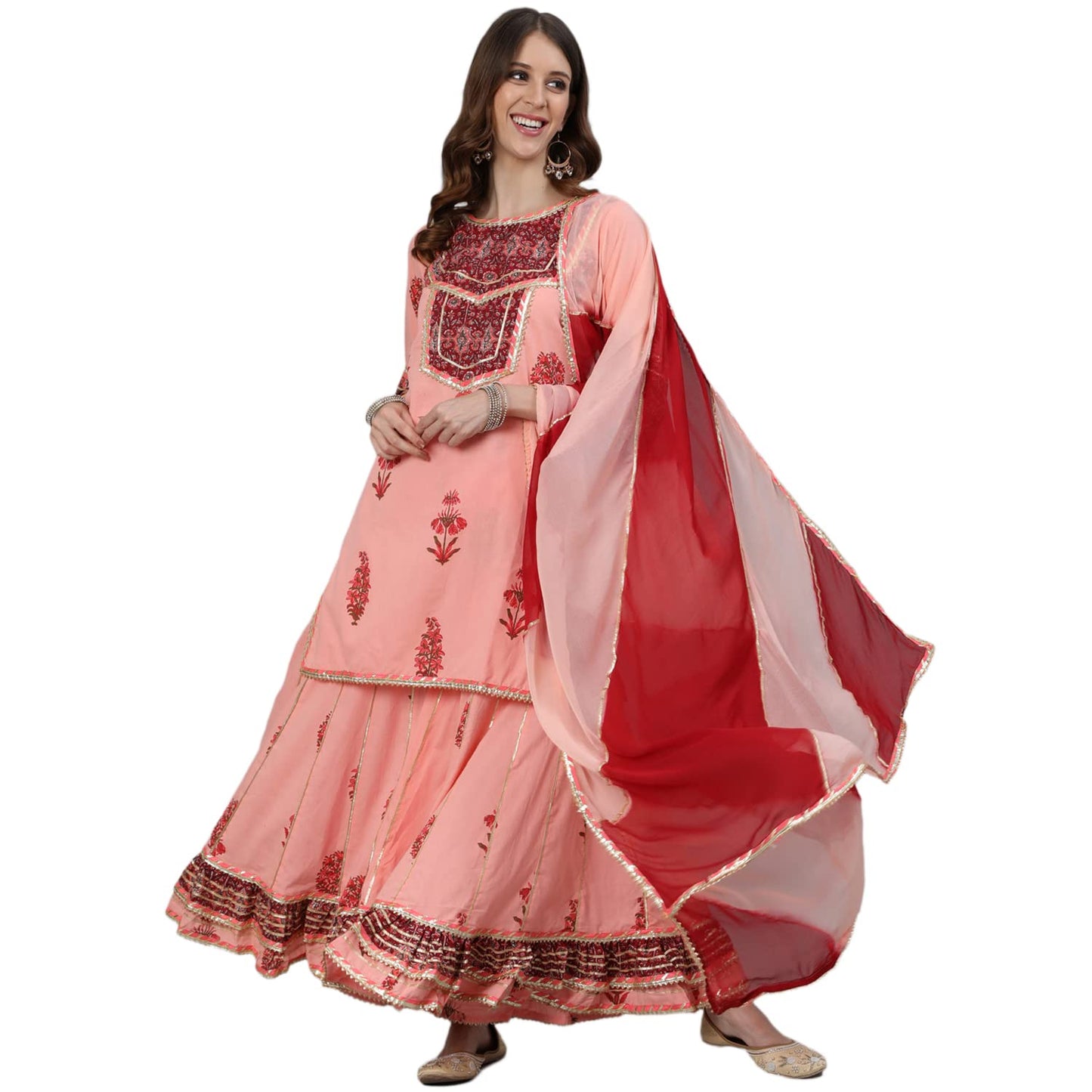 ishin Women's Peach Embroidered A-Line Short Kurta Set with Sharara and Dupatta