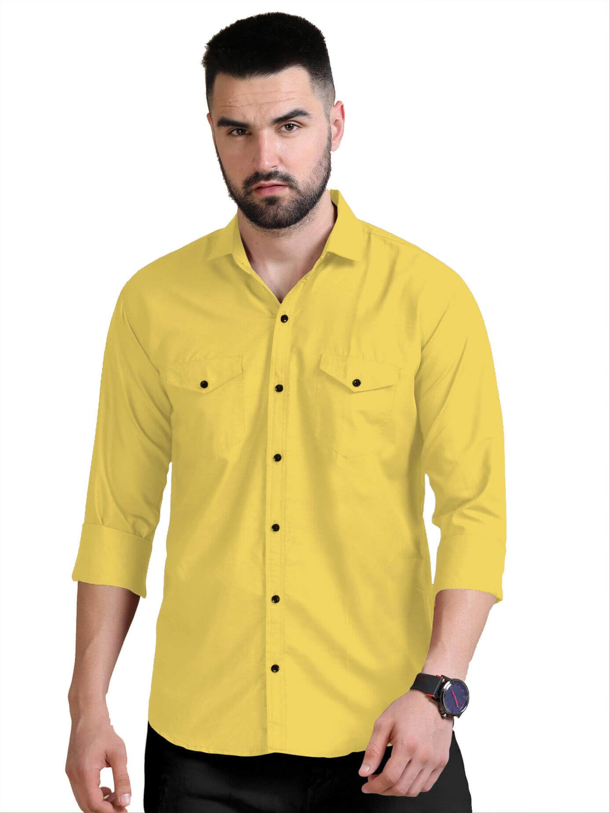Rebelify MenS Double Pocket Shirt Classic Casual Cotton Blend With Adjustable Cuffs Yellow