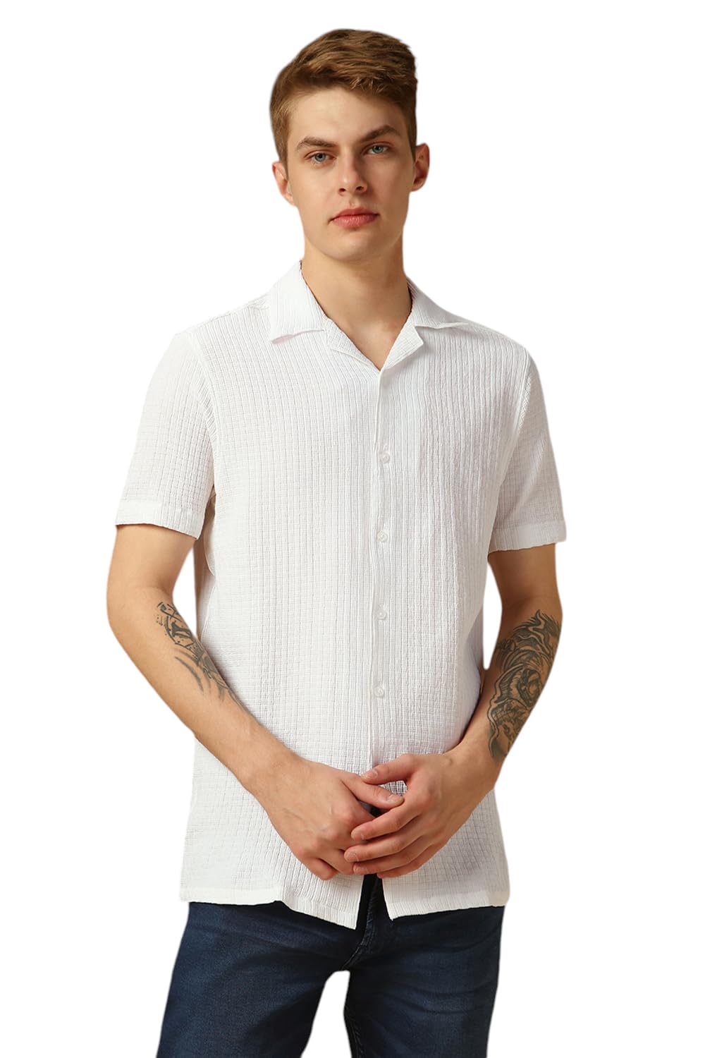 Dennis Lingo MenS White Half Sleeve Cuban Collar Solid Textured Relaxed Fit Casual Shirt