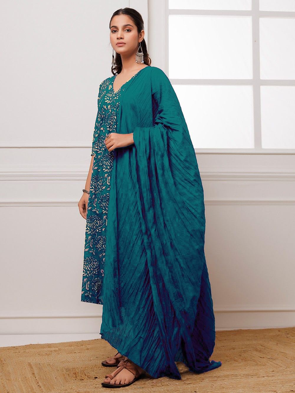 GoSriKi Womens Cotton Blend Anarkali Printed Kurta with Pant & Dupatta (Dabu Violet-GS_Dark Blue