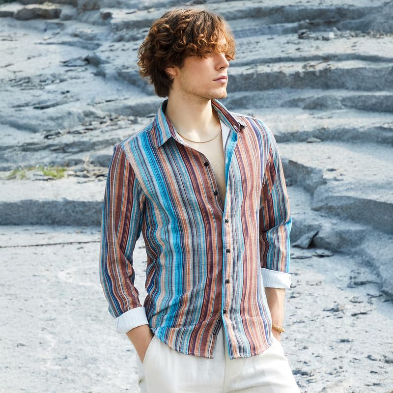 Campus Sutra Mens Azure Blue & Chocolate Brown Multitrack-Striped Shirt for Casual Wear | Spread Collar | Long Sleeve | Button