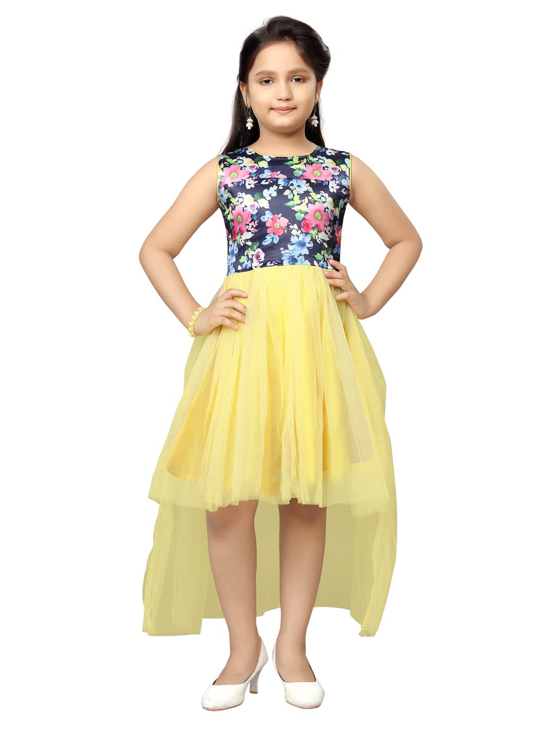 Aarika GirlS Nylon Skater Knee-Length Dress (Fk-A-22159_Yellow_24)