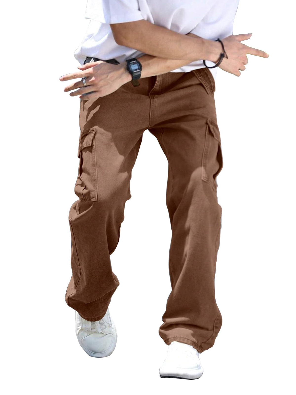 AVANOVA Mens Brown Cargo Jeans Slim Fit | Stylish Stretch Denim Trousers with Multi Pockets | Casual Wear Pants for Men | Comfor