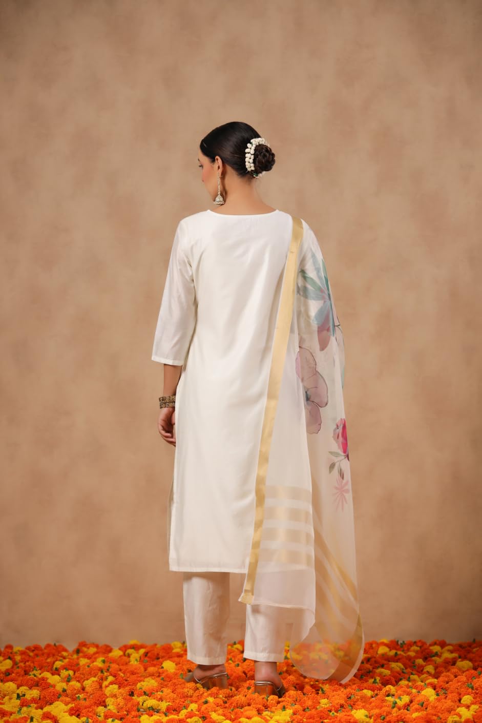 ishin Women's Poly Silk Yoke Design Zari Off White Straight Kurta Suit Set with Trousers and Dupatta