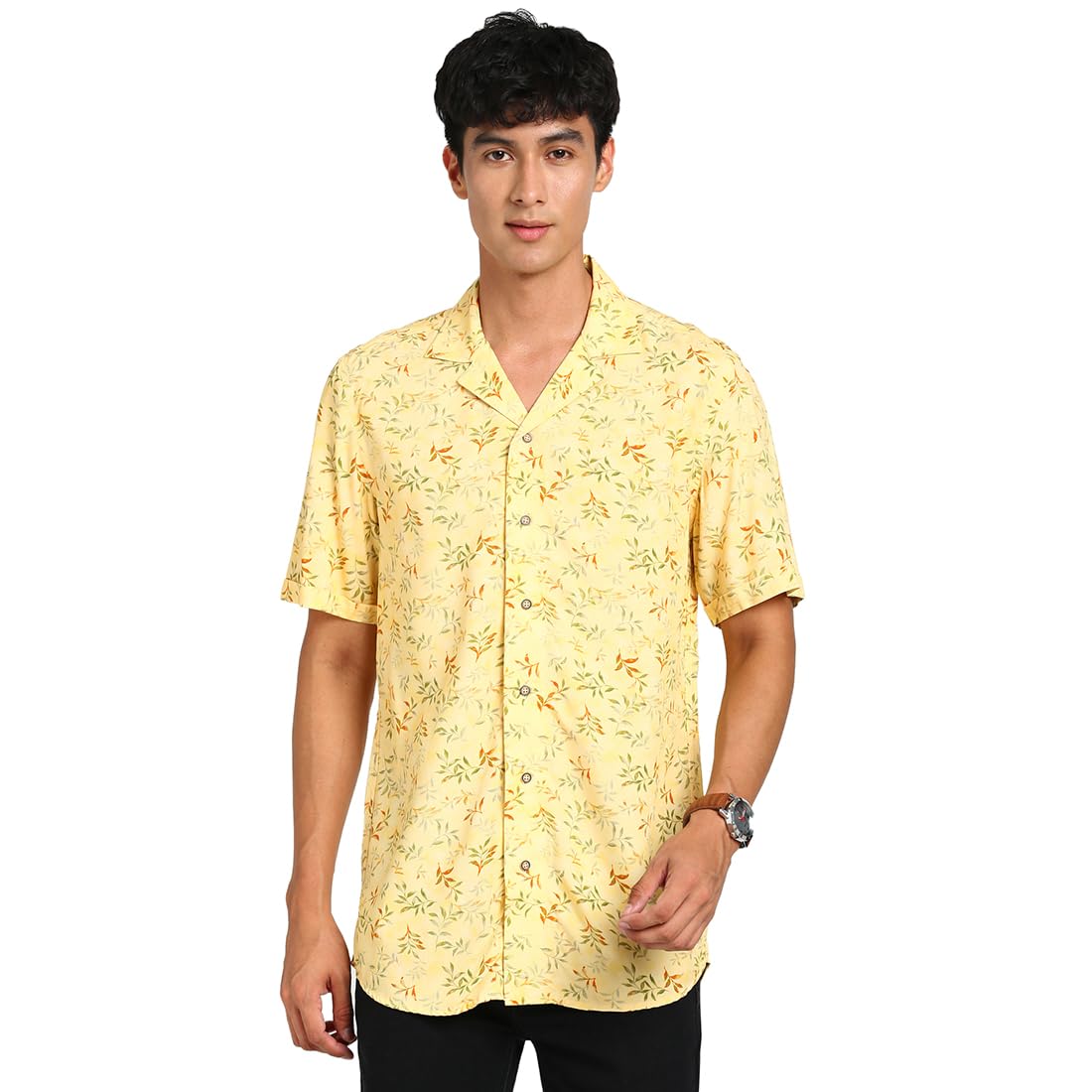 Turtle Men Self Design Yellow Printed Slim Fit Casual Shirt