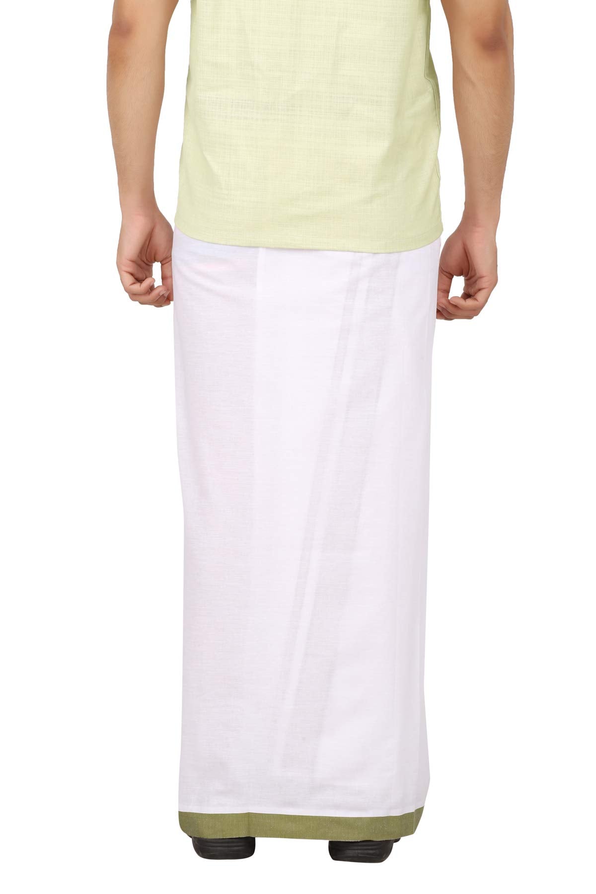 Prakasam Cotton Mens Welcro Pocket With Mild Green Border Dhoti/Fancy Border Dhoti/Welcro Pocket Mundu/White Dhoti With Pocket (