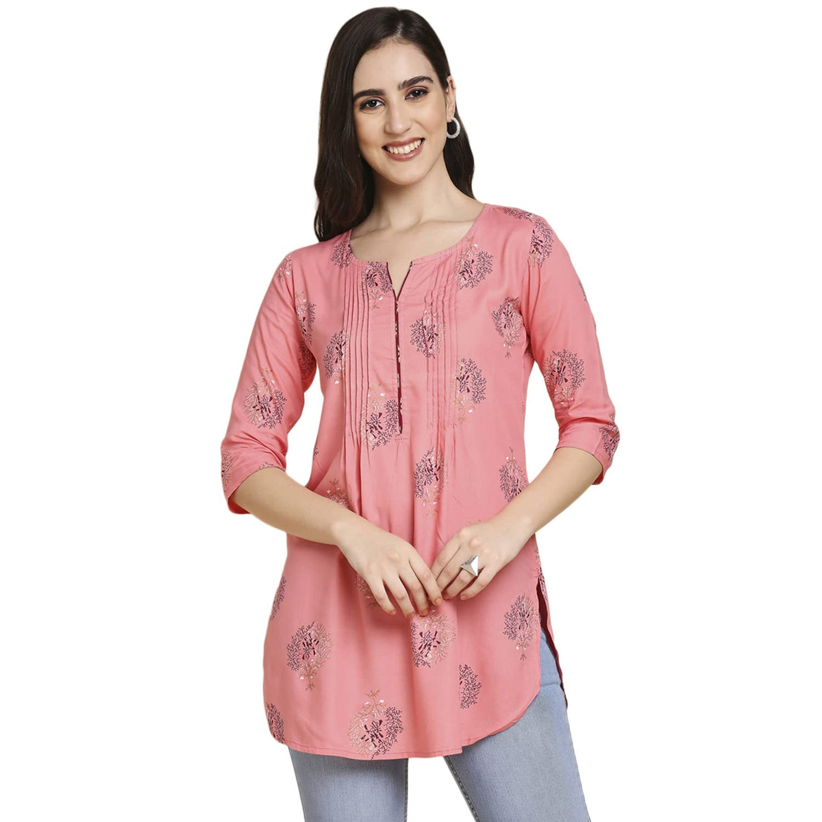 Anubhutee Pink Floral Printed Cotton Straight Short Cotton Kurti For Women
