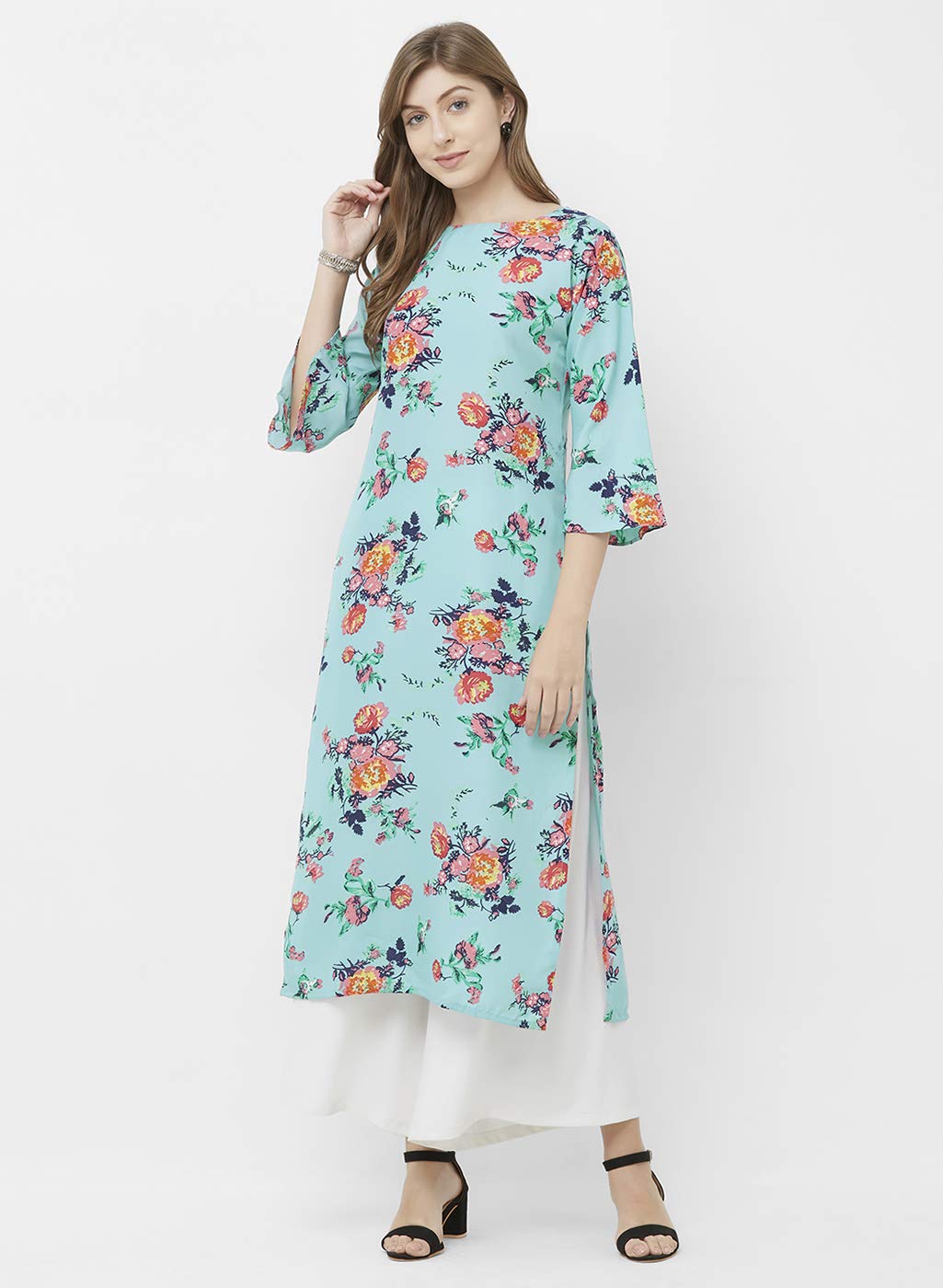 GoSriKi Women's Crepe Straight Kurta (CHAKRI-BLACK & SAAHO-RAMA_Multicolour)