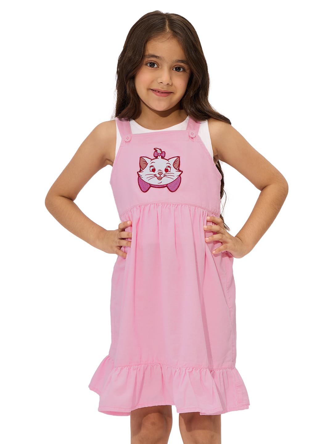The Souled Store Official Disney: Cattitude Girls Square Neck Sleeveless Pink Embroidered Knee Length Cotton Dresses