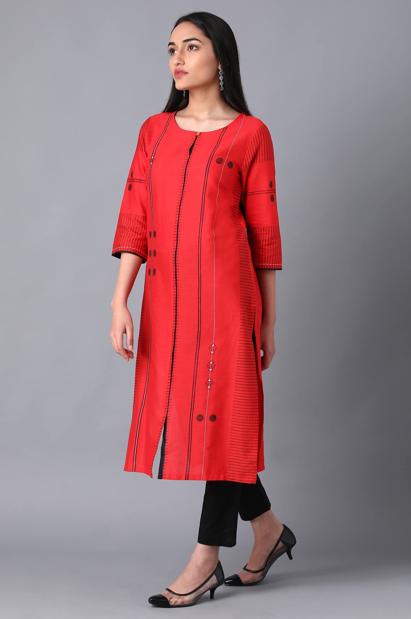 W Red Geometric Printed Cotton Blend Regular Kurta For Women