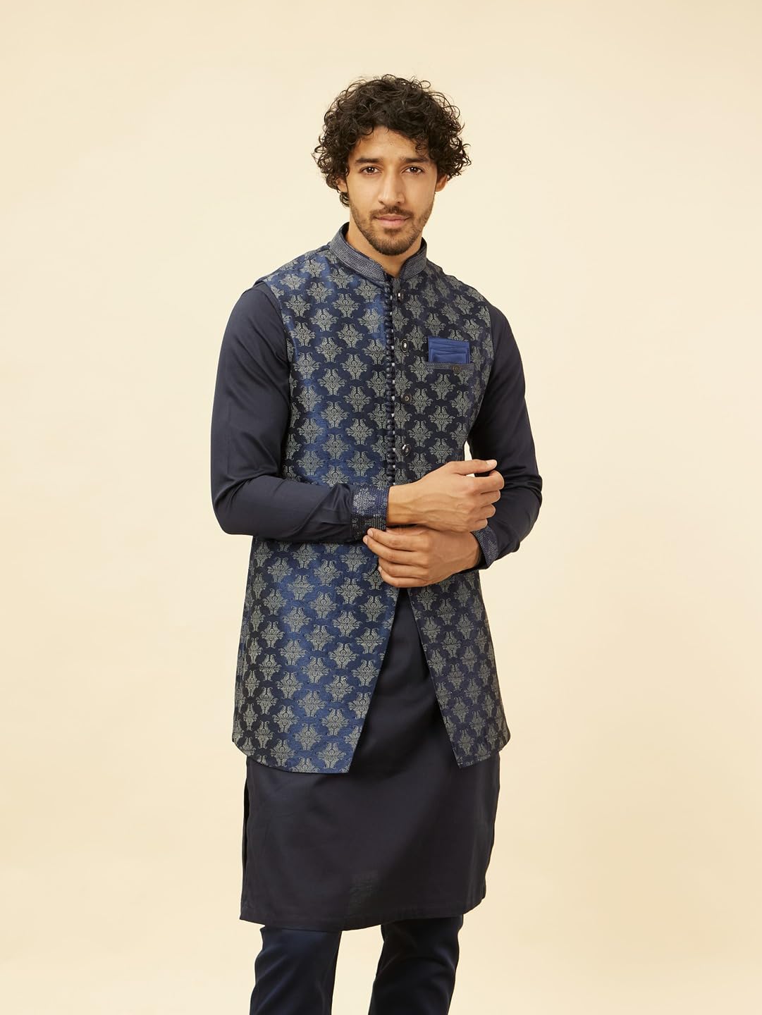Manyavar Mens Blue Art Silk Self Design Kurta Pyjama Jacket Set