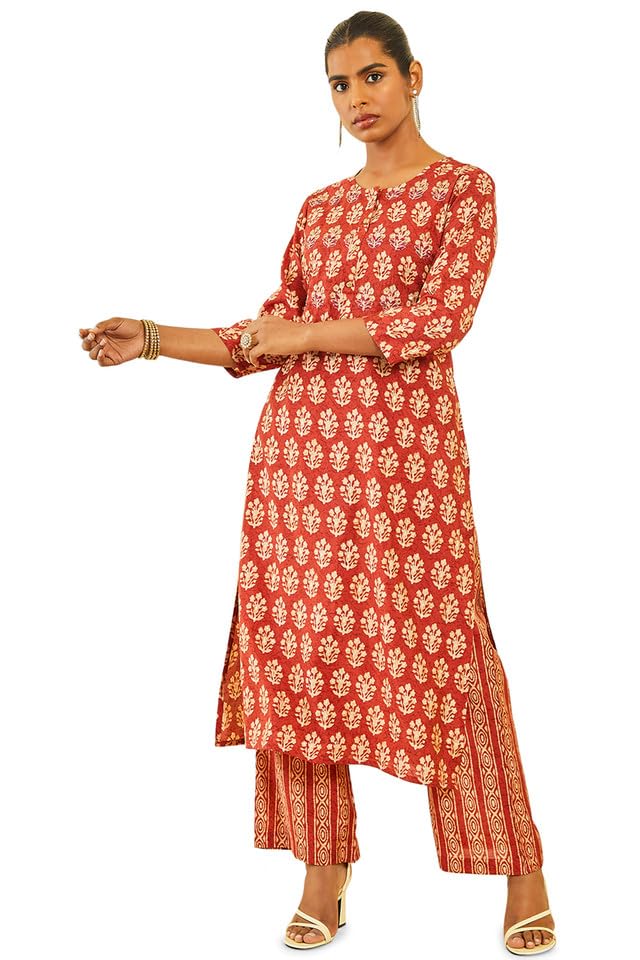 Soch Womens Rust Muslin Floral Print Kurta Sets with Pocket