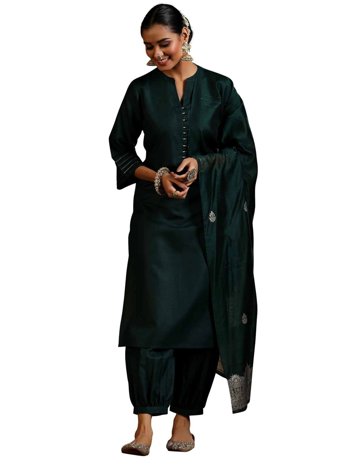 Libas WomenS Silk Blend Solid Kurta Set (39045_Green