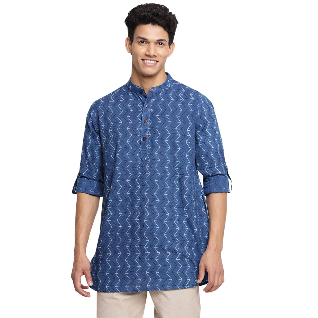 Fabindia Men Cotton Printed Short Kurta Indigo_S