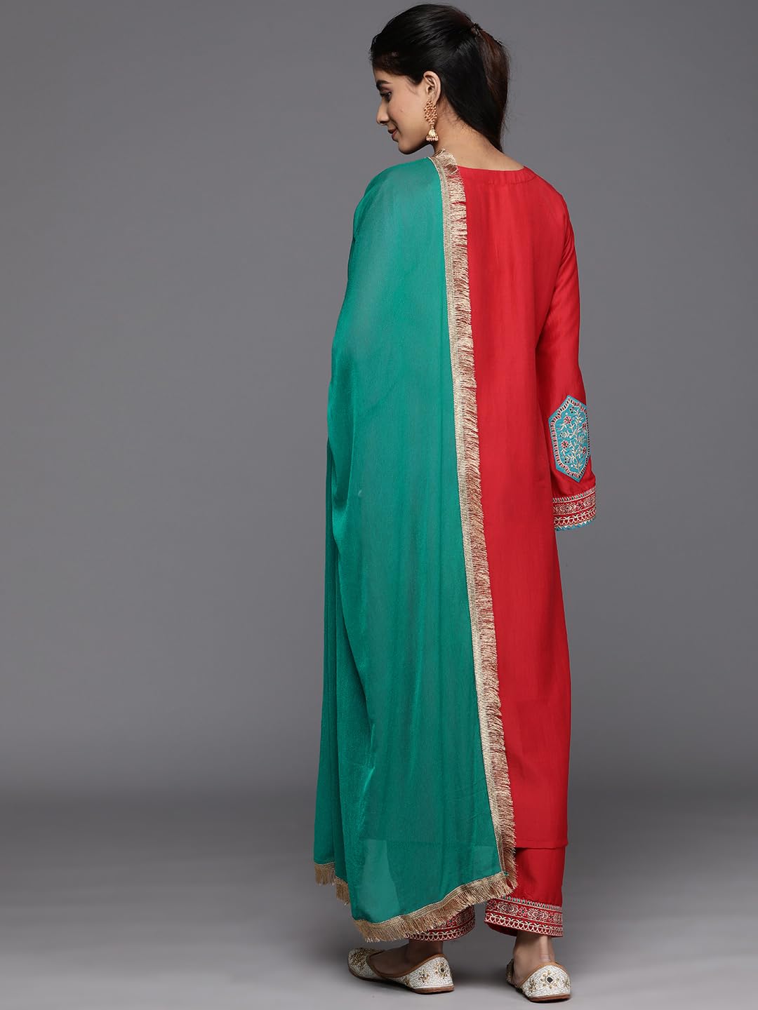 Varanga Women Red Embroidered Straight Kurta Paired With Tonal Bottom And Contrast Dupatta With Four Sided Fringes