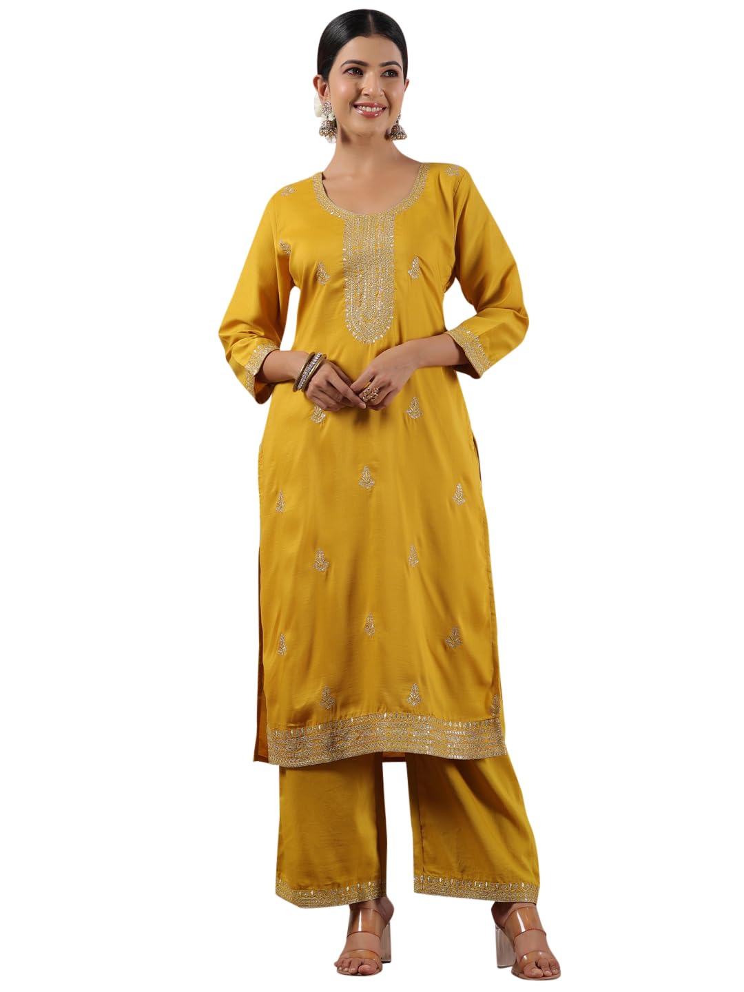 Ishin WomenS Mustard Zari Work Ethnic Motifs Poly Silk Straight Kurta
