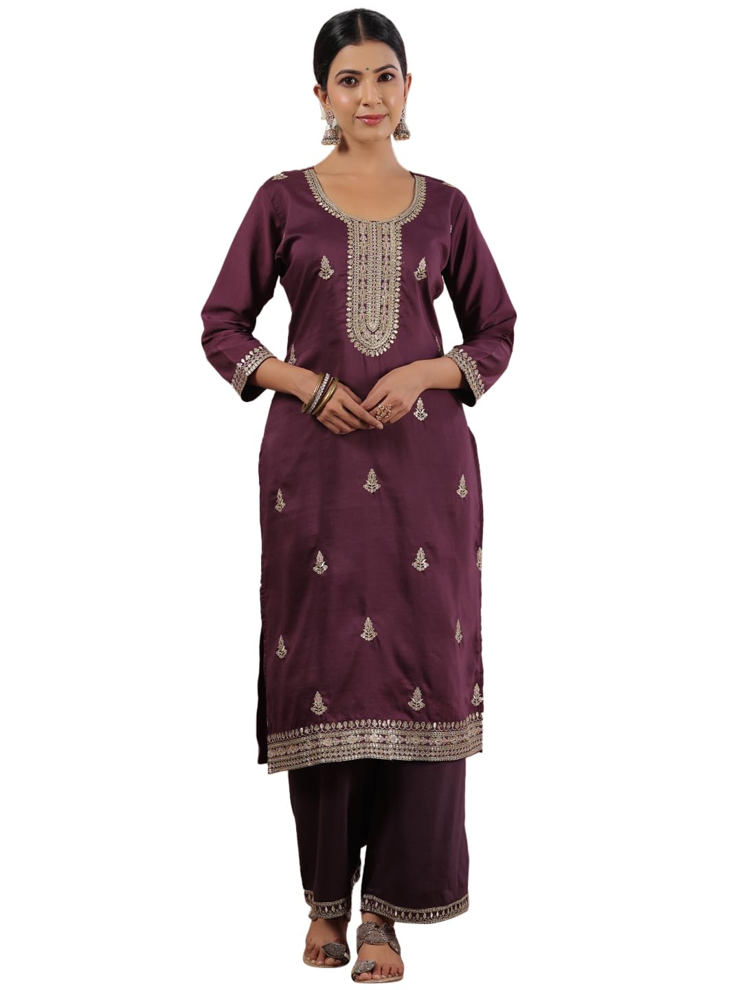 Ishin WomenS Purple Zari Work Ethnic Motifs Poly Silk Straight Kurta