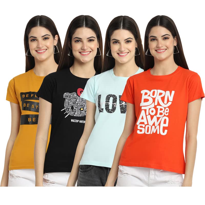 Preneum Womens Cotton Regular Fit Latest Graphic Stylish Printed Short Sleeves Casual T-Shirt || Trendy & Styles (Pack 4), Baby
