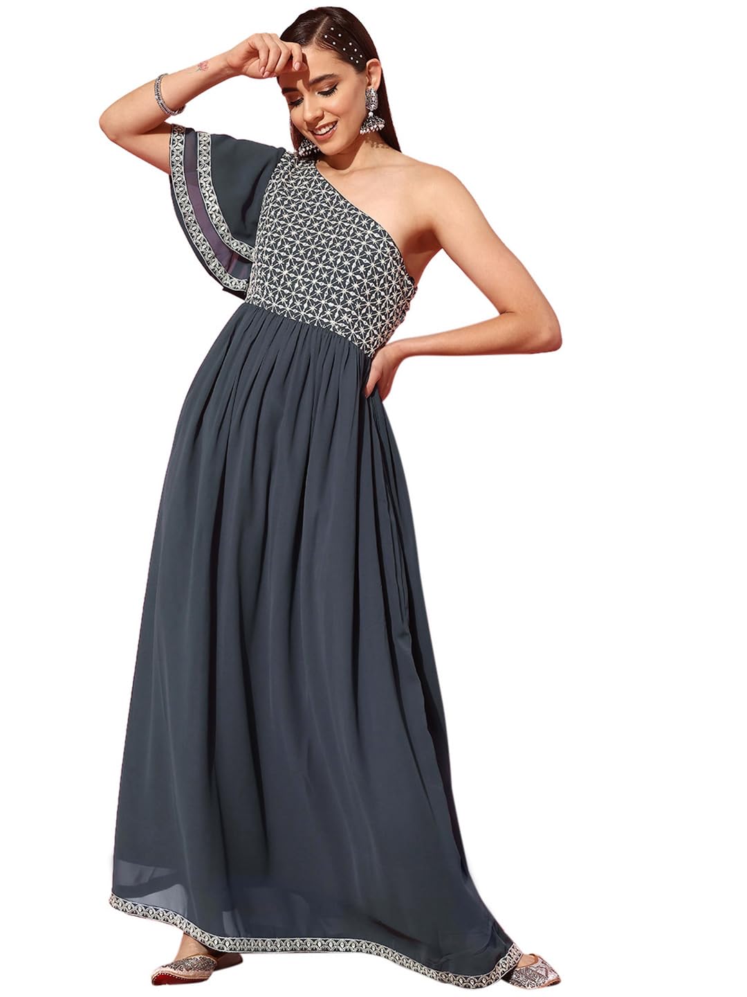 Libas WomenS Georgette Gown Maxi Dress (26502_Grey
