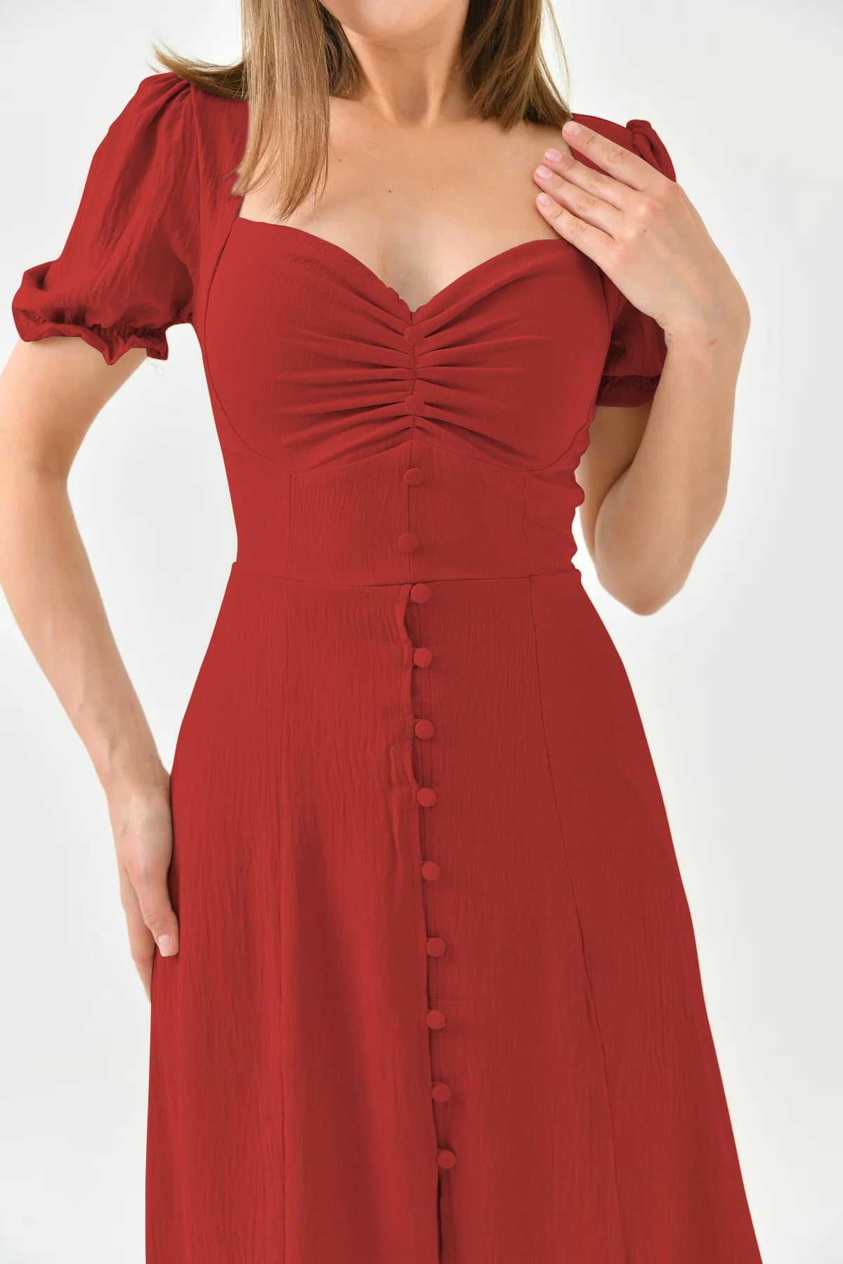 Shasmi Girls & Womens Solid Red Midi Dress Elegant Square Neck Button-Down Dress with Puff Short Sleeves | Stylish Casual & P