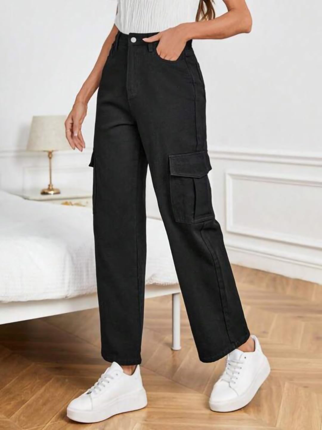 Kotty WomenS Solid High Rise Relaxed Fit Cargo Jeans
