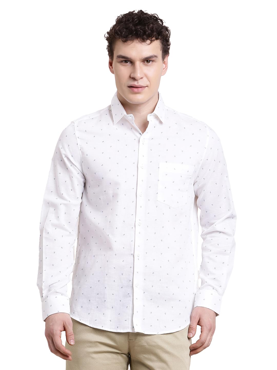 Turtle Men Slim Fit Printed White Cotton Linen Formal Shirt