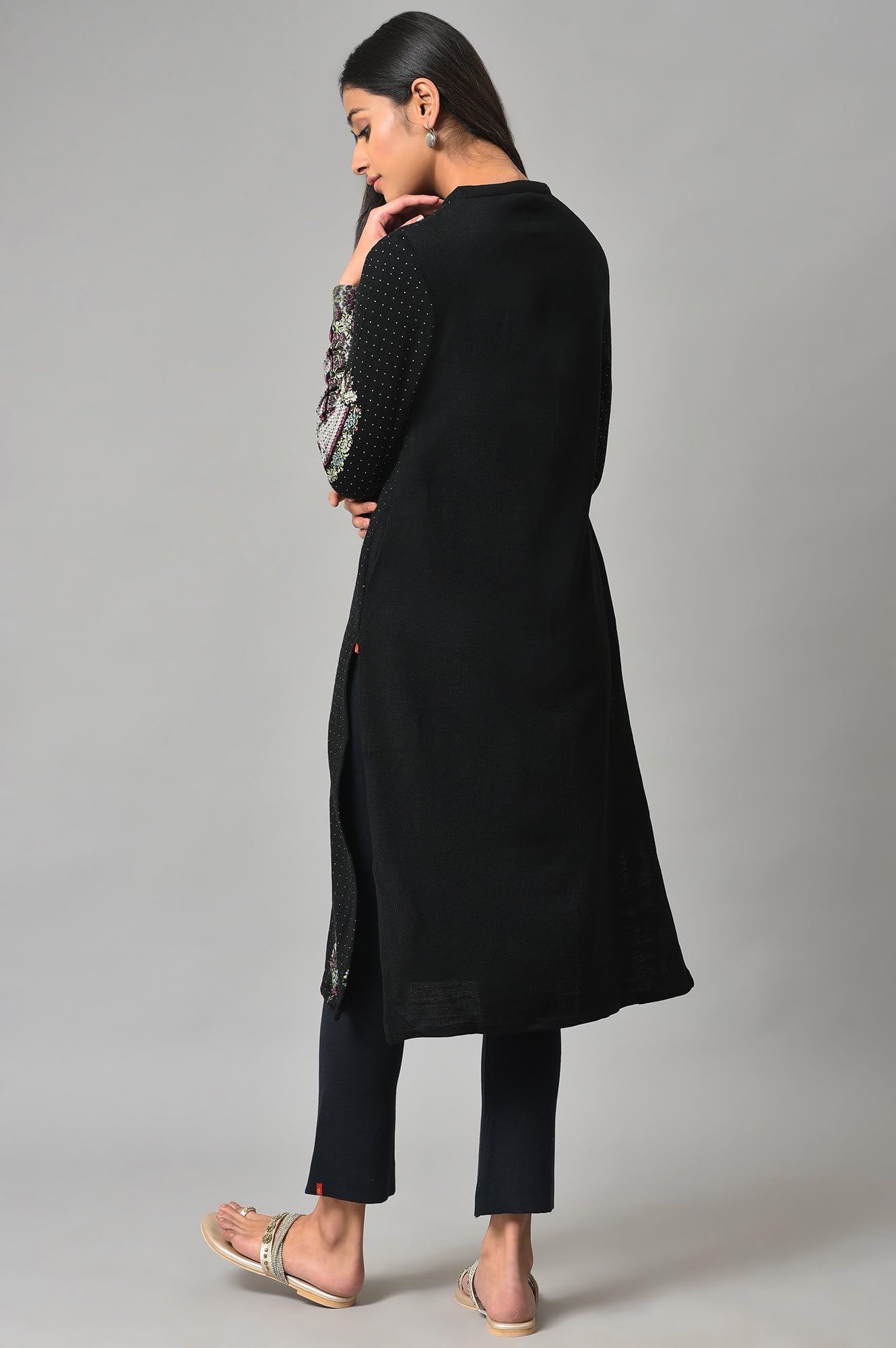 W for Woman Black Floral Printed Straight Winter Kurta